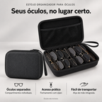 Organizador preto para óculos aberto e fechado, com divisórias, bolso em tela, zíper e alça