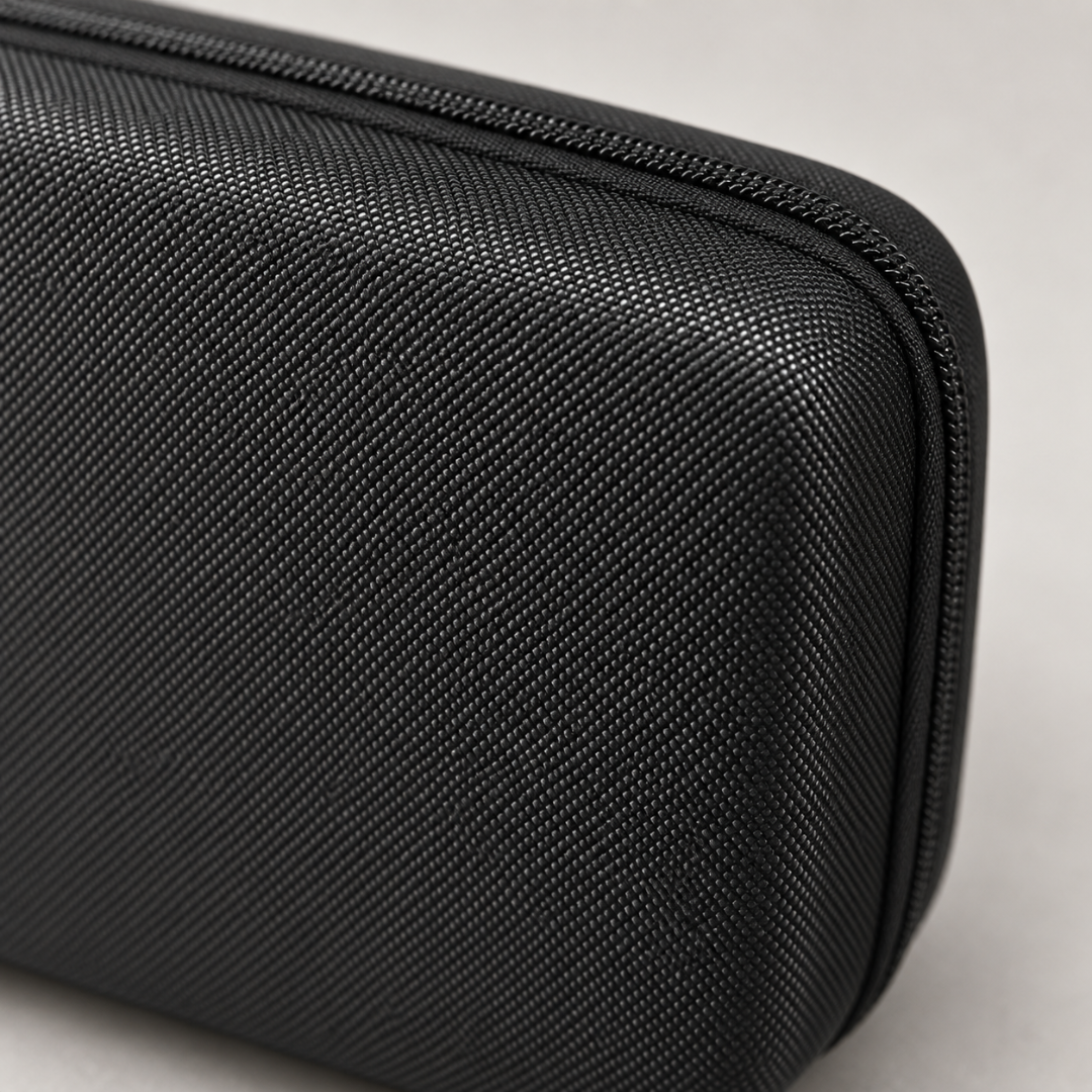 Detalhe do acabamento texturizado preto e do zíper do organizador de óculos Mionelle Voyage