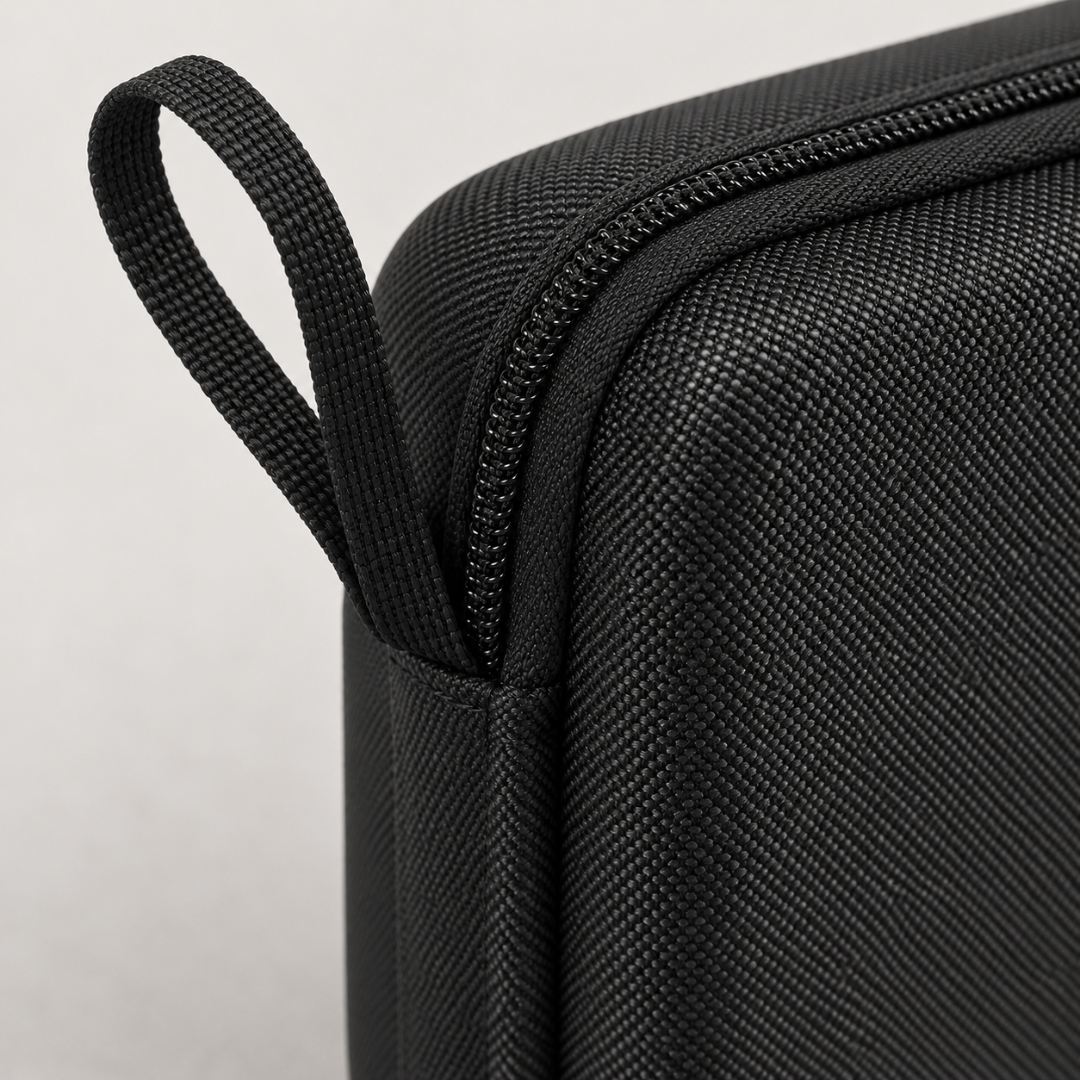Detalhe da alça de mão e do fechamento por zíper do estojo preto Mionelle Voyage