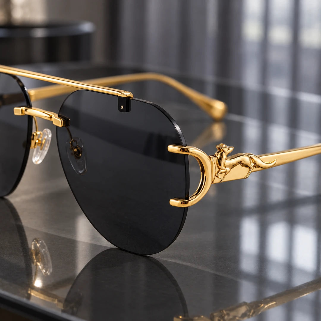 Detalhe das lentes cinza-escuras e do ornamento dourado lateral do Mionelle Halo All Black