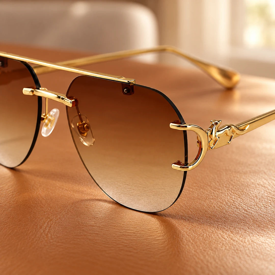 Detalhe das lentes marrons em degradê e do ornamento dourado lateral do Mionelle Halo Brown