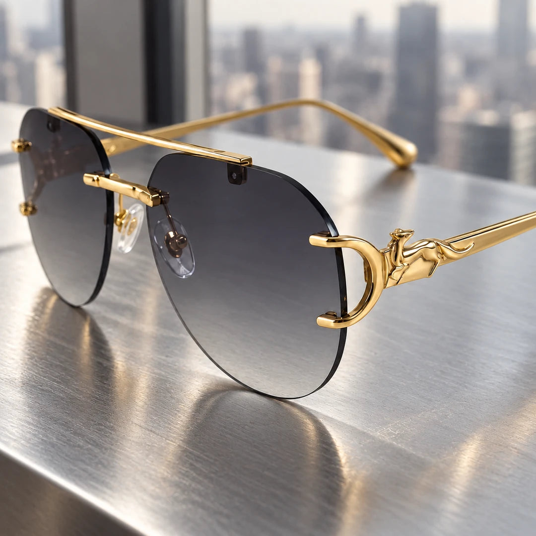 Detalhe das lentes cinza em degradê e do ornamento dourado lateral do Mionelle Halo Low Black