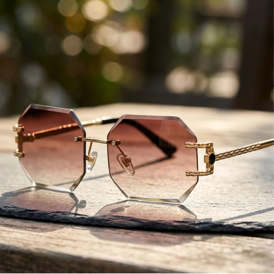 Detalhe dos óculos Mionelle Facet Amber Brown sobre madeira, com lentes marrons em degradê e estrutura dourada