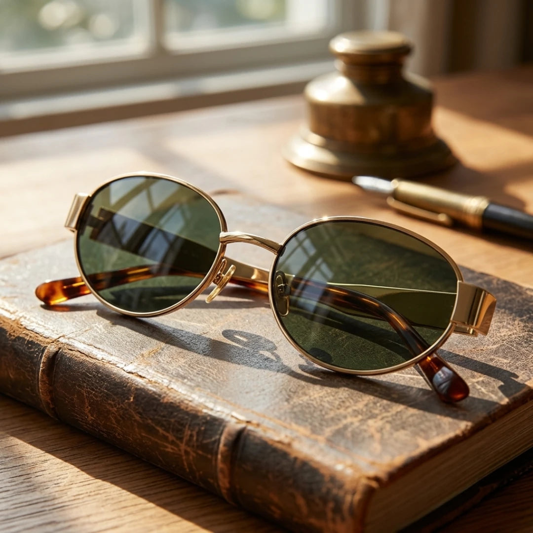 Detalhe da armação e das lentes dos óculos Mionelle Selene Green