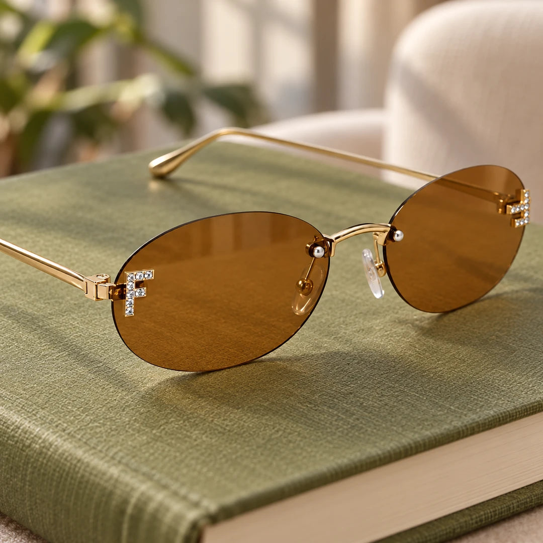 Detalhe das lentes marrons em tom âmbar e do ornamento dourado lateral do Mionelle Luna Brown Vintage
