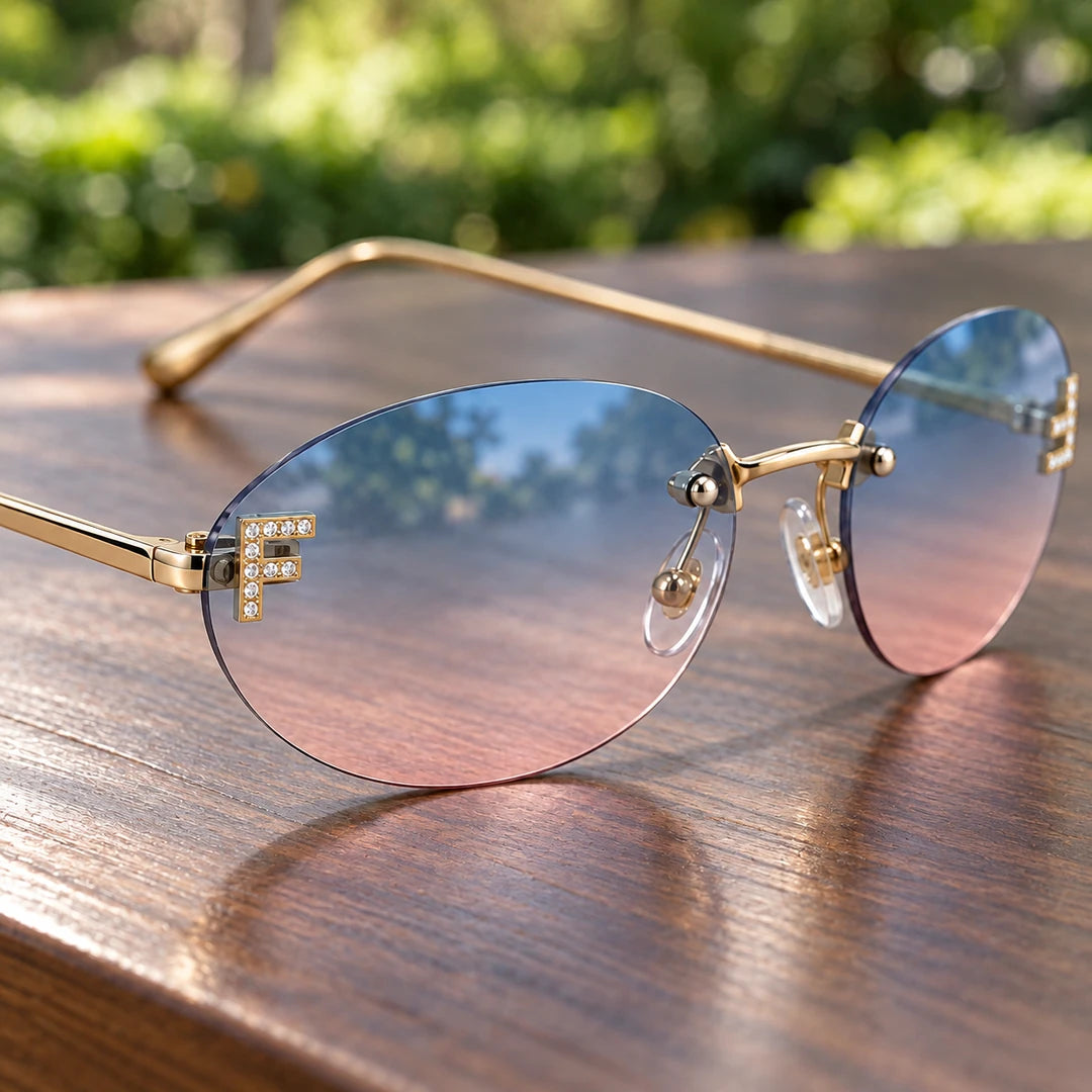 Detalhe das lentes em degradê azul e rosa e do ornamento dourado lateral do Mionelle Luna Sky Blue