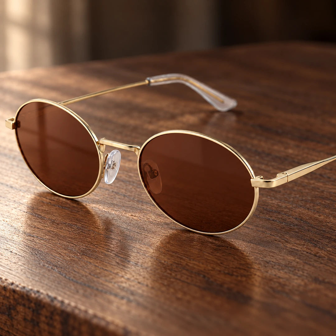 Detalhe das lentes marrons e da estrutura dourada do Mionelle Viper Bronze