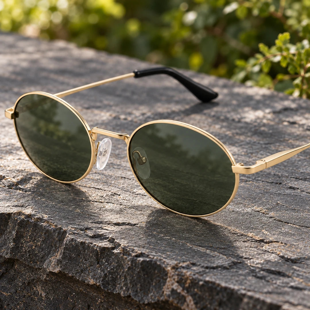 Detalhe das lentes verde-oliva e da estrutura dourada do Mionelle Viper Green