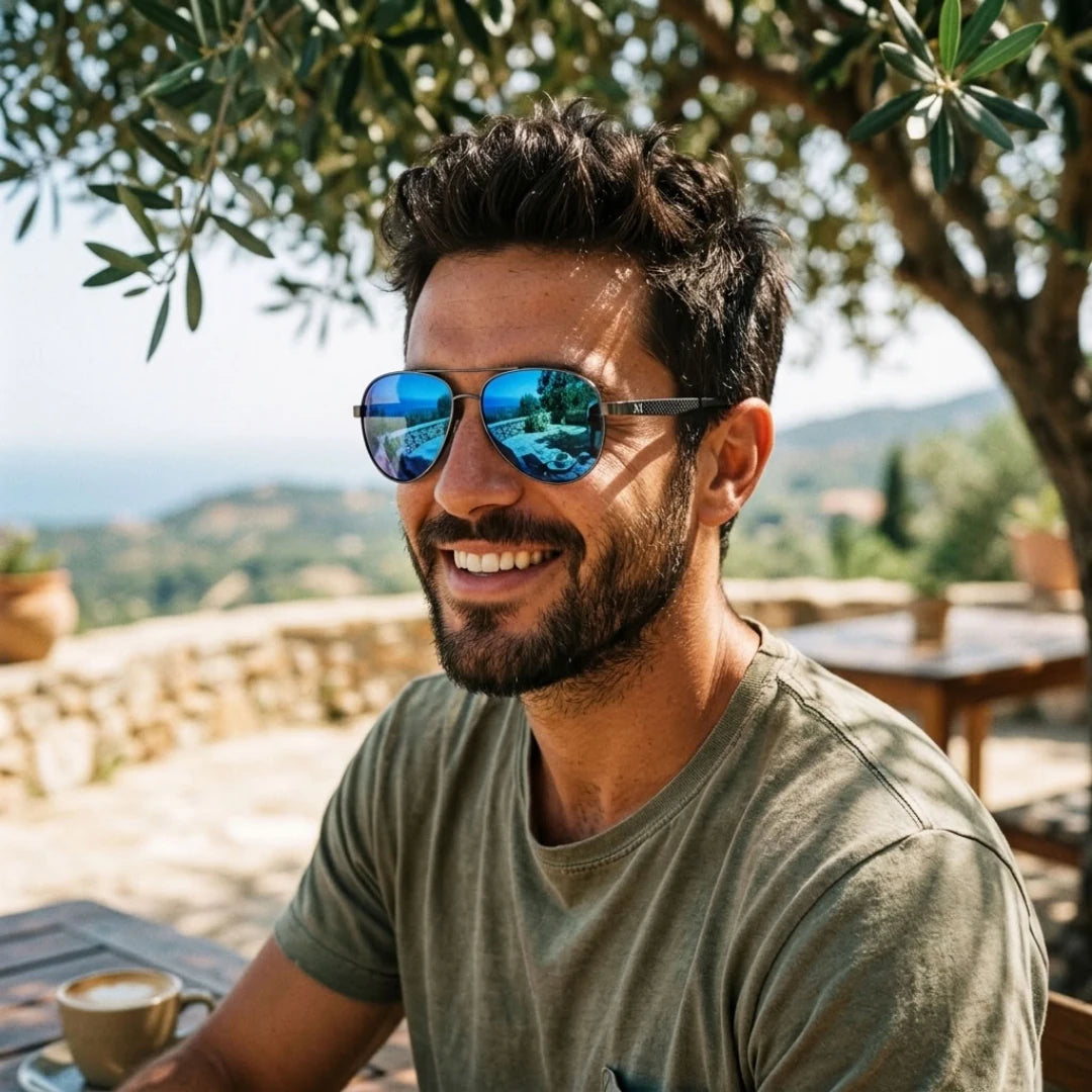Homem usando os óculos Mionelle Carbon Azul Espelhado em uma mesa ao ar livre.
