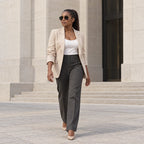 Mulher usando o Mionelle Halo All Black com blazer em ambiente urbano