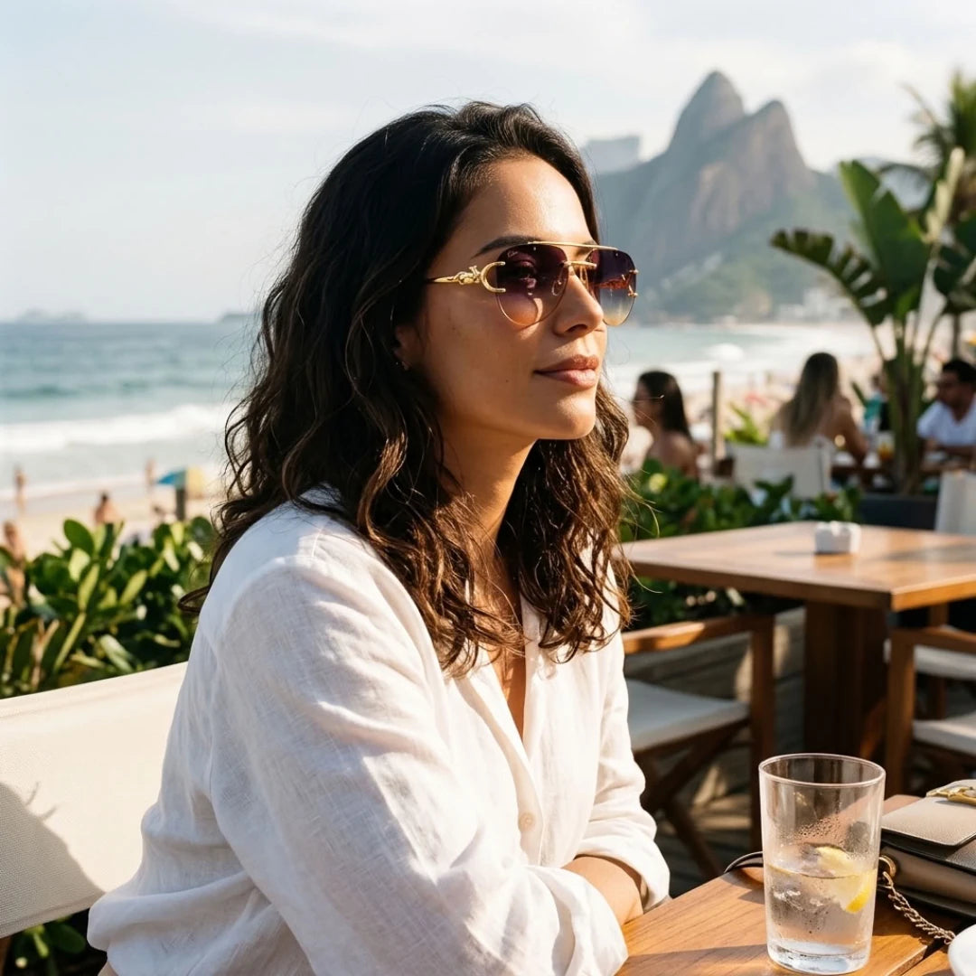 Mulher usando o Mionelle Halo Amethyst em uma mesa com vista para o mar