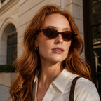 Mulher usando o Mionelle Narrow Vibe Vintage Tartaruga diante de uma fachada