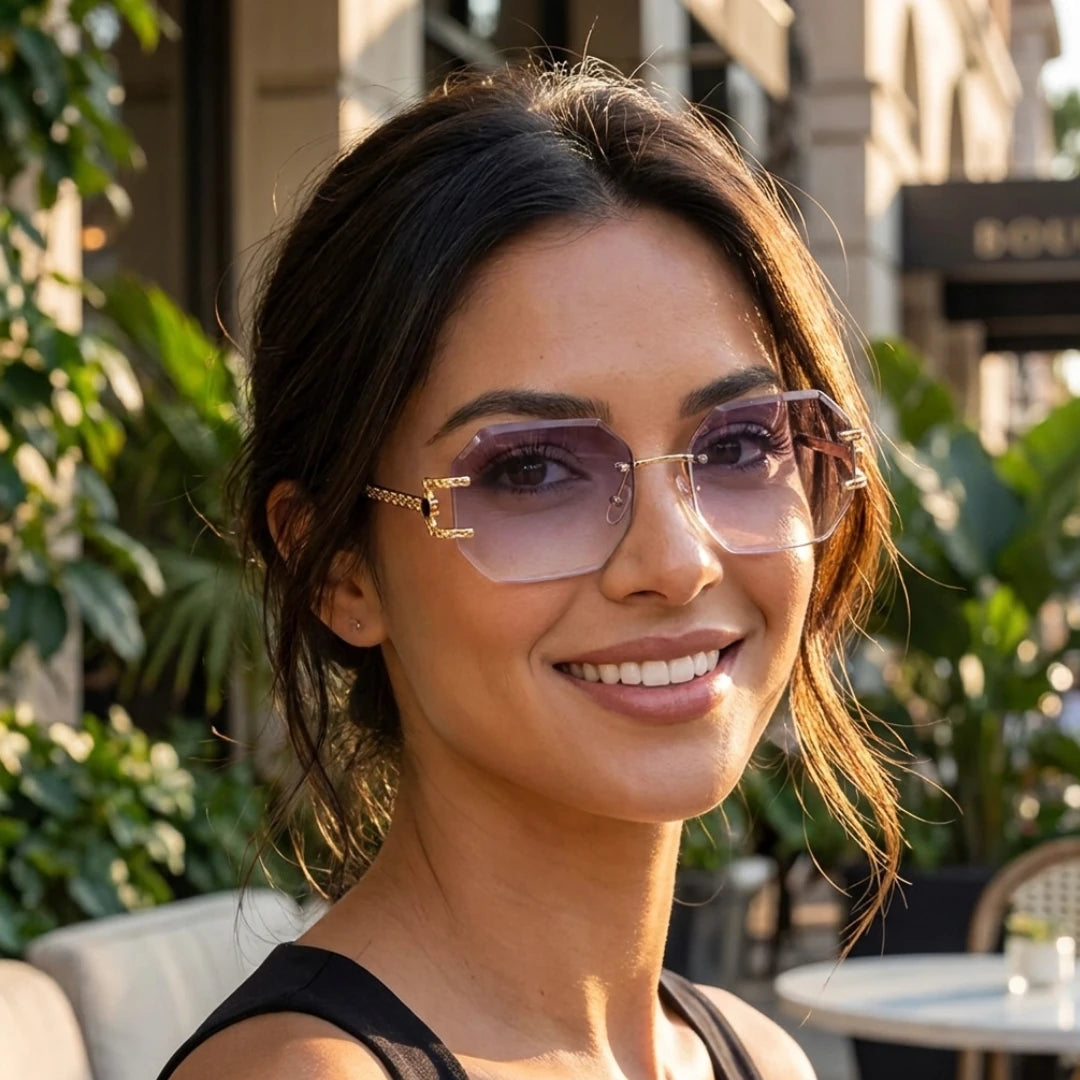 Mulher usando os óculos Mionelle Facet Purple em um ambiente urbano ao ar livre