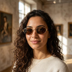 Mulher usando os óculos Mionelle Selene Brown em ambiente interno
