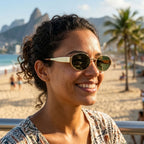 Mulher usando os óculos Mionelle Selene Green em ambiente externo