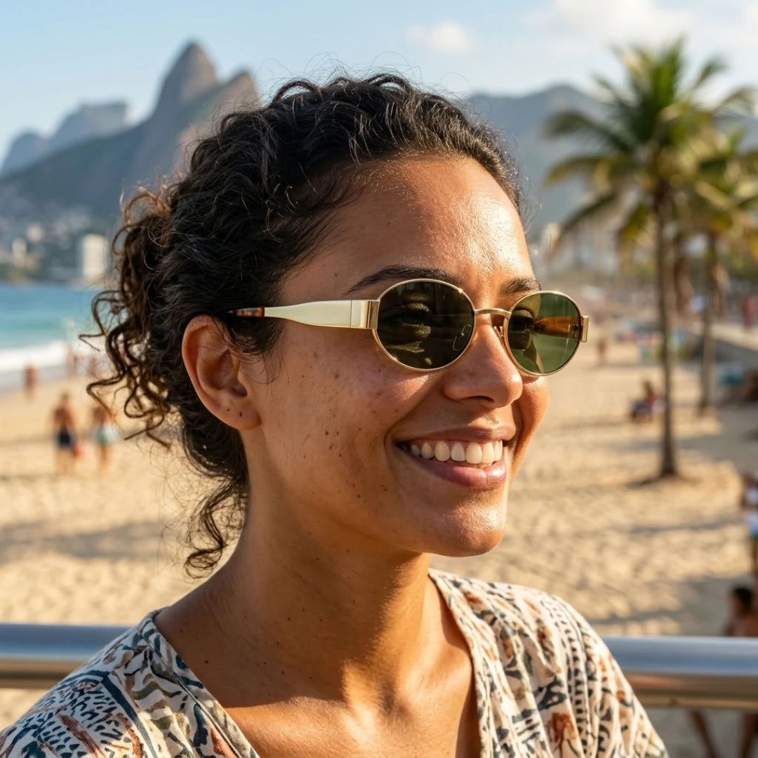 Mulher usando os óculos Mionelle Selene Green em ambiente externo