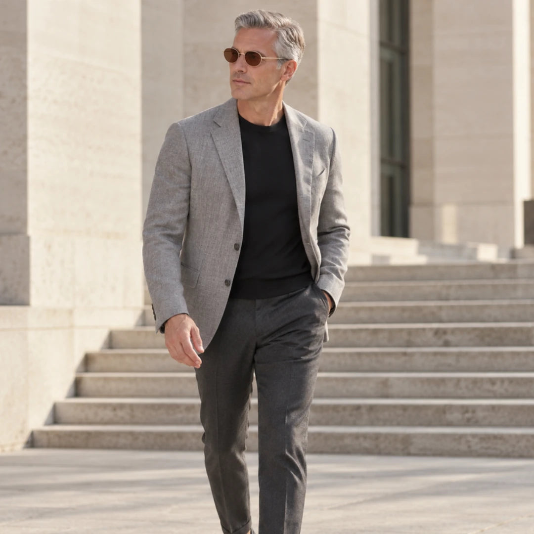 Homem usando o Mionelle Viper Bronze com blazer em ambiente urbano