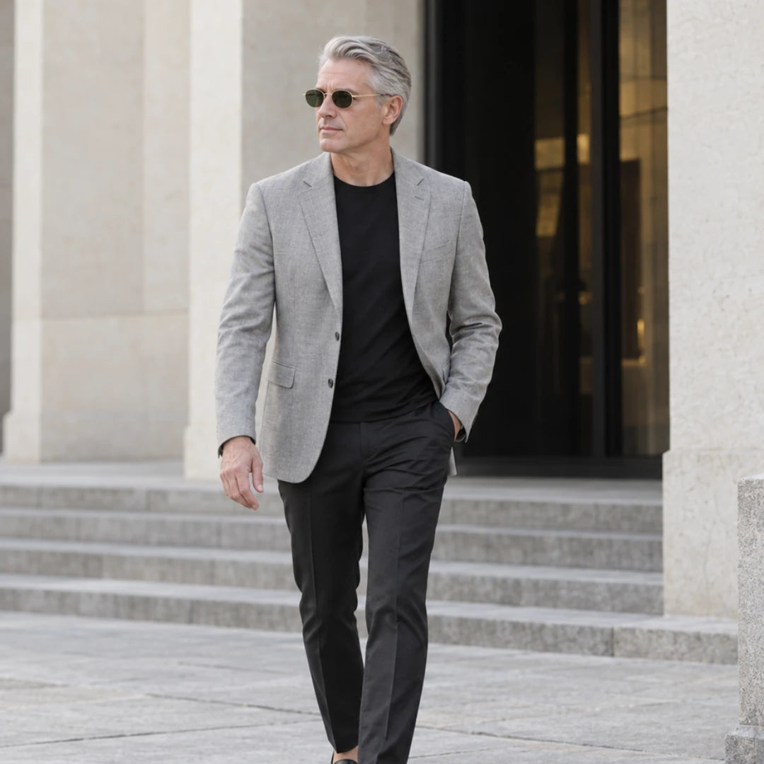 Homem usando o Mionelle Viper Green com blazer em ambiente urbano