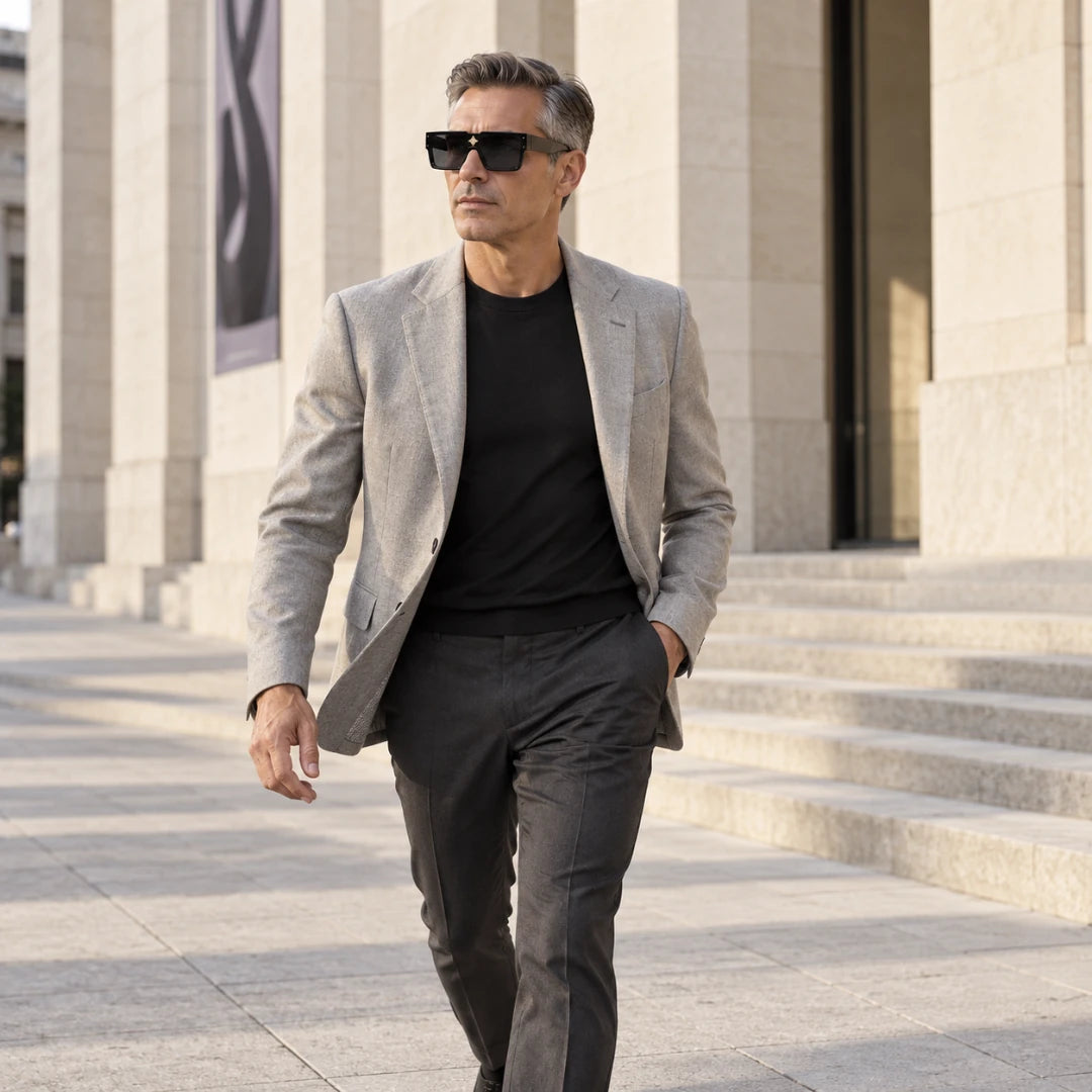 Homem usando o Mionelle Veneto Black com blazer em ambiente urbano