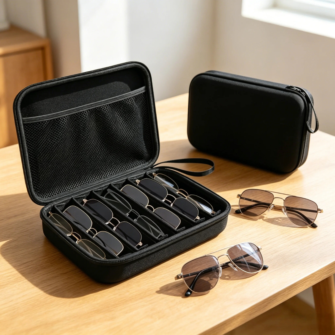 Estojo organizador preto Mionelle Voyage aberto e fechado sobre mesa, com óculos nas divisórias