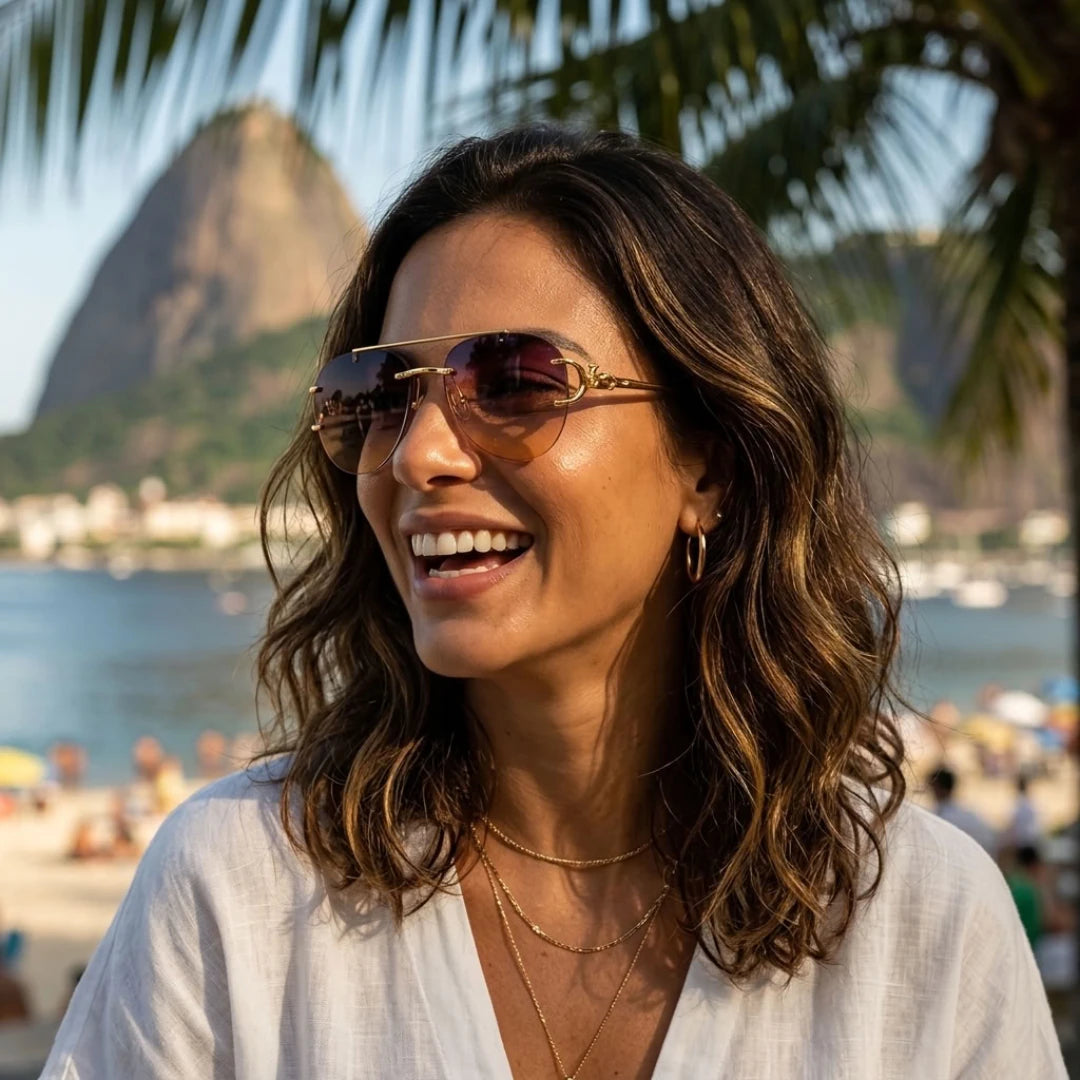 Mulher com o Mionelle Halo Amethyst em um ambiente à beira-mar