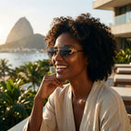 Mulher com o Mionelle Halo Low Black em uma varanda com vista para a baía