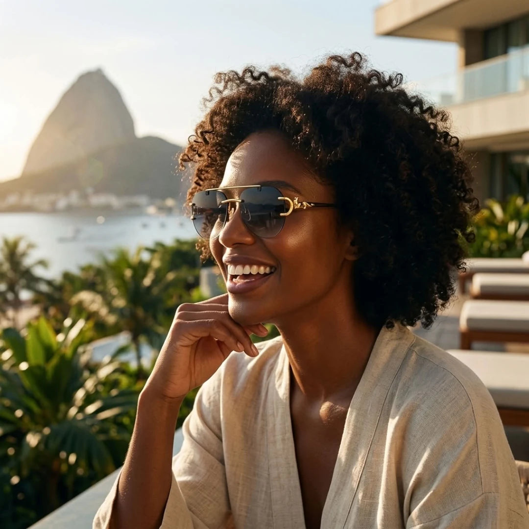 Mulher com o Mionelle Halo Low Black em uma varanda com vista para a baía