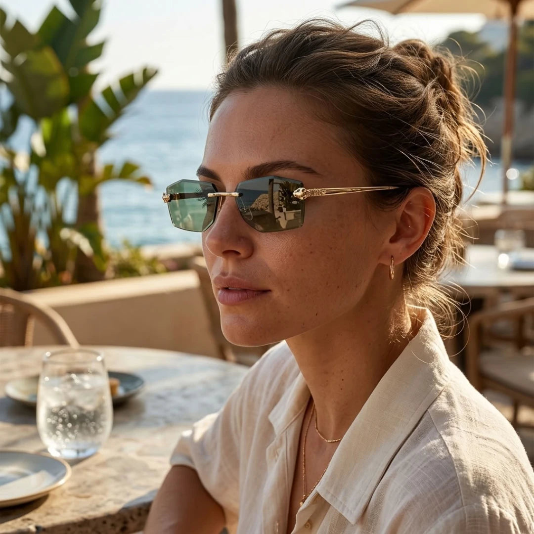 Mulher com o Mionelle Aura Green em um café à beira-mar