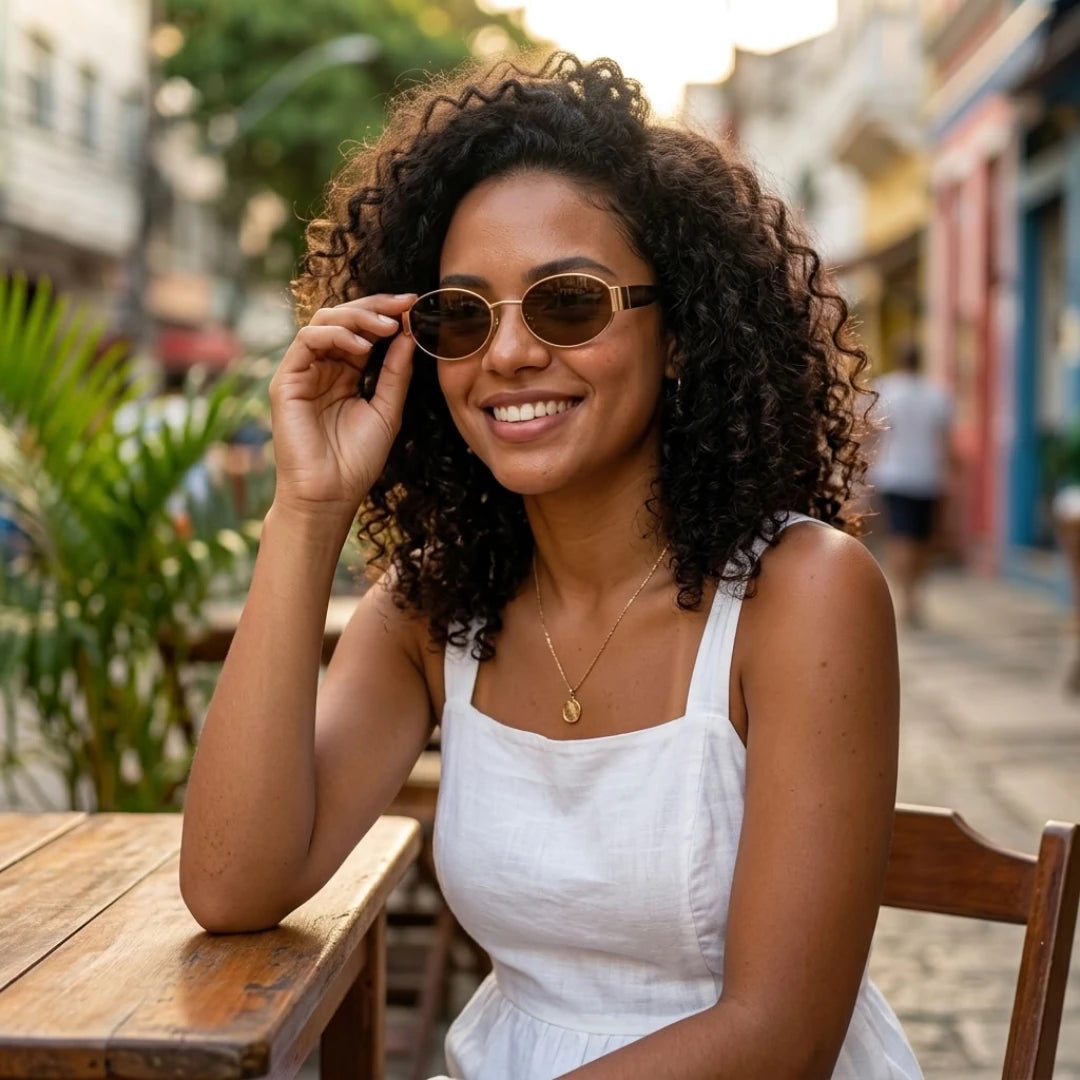 Mulher usando os óculos de sol Mionelle Selene Brown ao ar livre