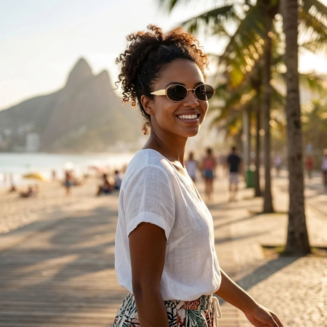 Mulher usando os óculos de sol Mionelle Selene Golden Black ao ar livre
