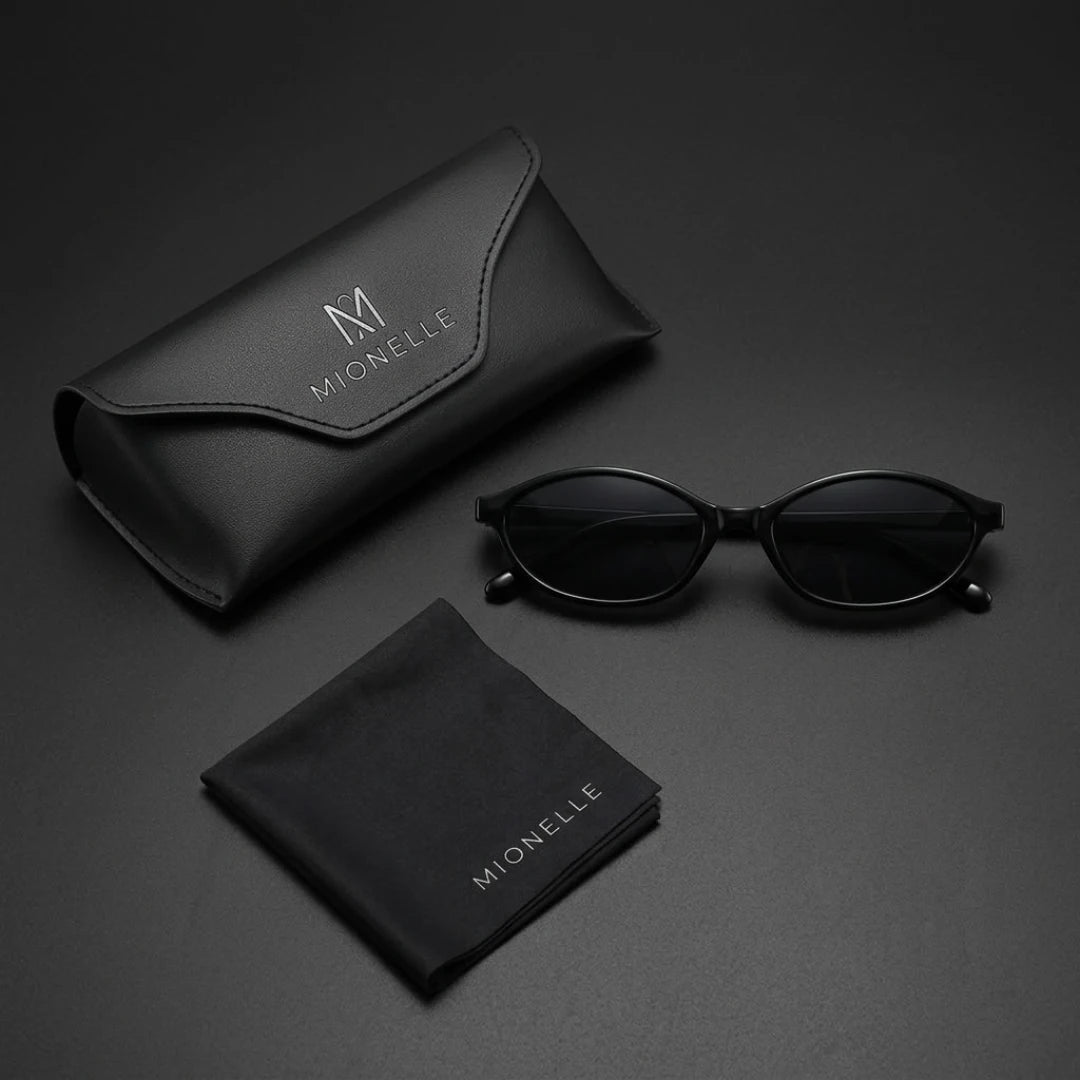 Mionelle Narrow Vibe All Black com hastes dobradas, estojo e pano de limpeza da marca