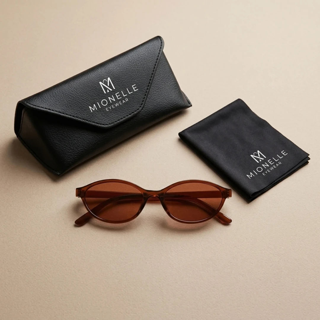 Mionelle Narrow Vibe Rich Brown com hastes dobradas, estojo e pano de limpeza da marca