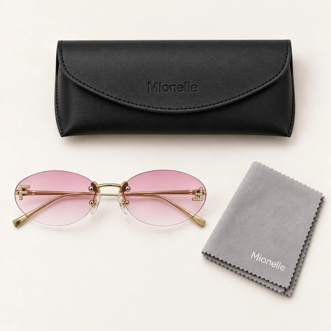 Mionelle Luna Pink Y2K com as hastes dobradas, estojo preto e pano cinza da marca