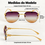 Medidas do Mionelle Halo: frente 137 mm, lentes 56 por 45 mm, ponte 18 mm e hastes 155 mm
