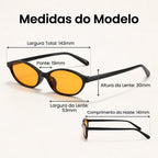Medidas do Mionelle Narrow Vibe: frente 143 mm, lentes 53 por 30 mm, ponte 19 mm e hastes 141 mm