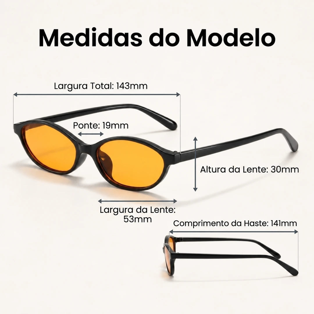 Medidas do Mionelle Narrow Vibe: frente 143 mm, lentes 53 por 30 mm, ponte 19 mm e hastes 141 mm