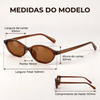 Medidas do Mionelle Narrow Vibe: frente 143 mm, lentes 53 por 30 mm, ponte 19 mm e hastes 141 mm