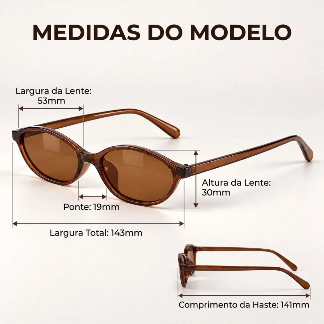 Medidas do Mionelle Narrow Vibe: frente 143 mm, lentes 53 por 30 mm, ponte 19 mm e hastes 141 mm
