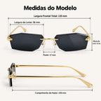 Medidas do Mionelle Aura: frente 135 mm, lentes 56 por 33 mm, ponte 17 mm e hastes 145 mm