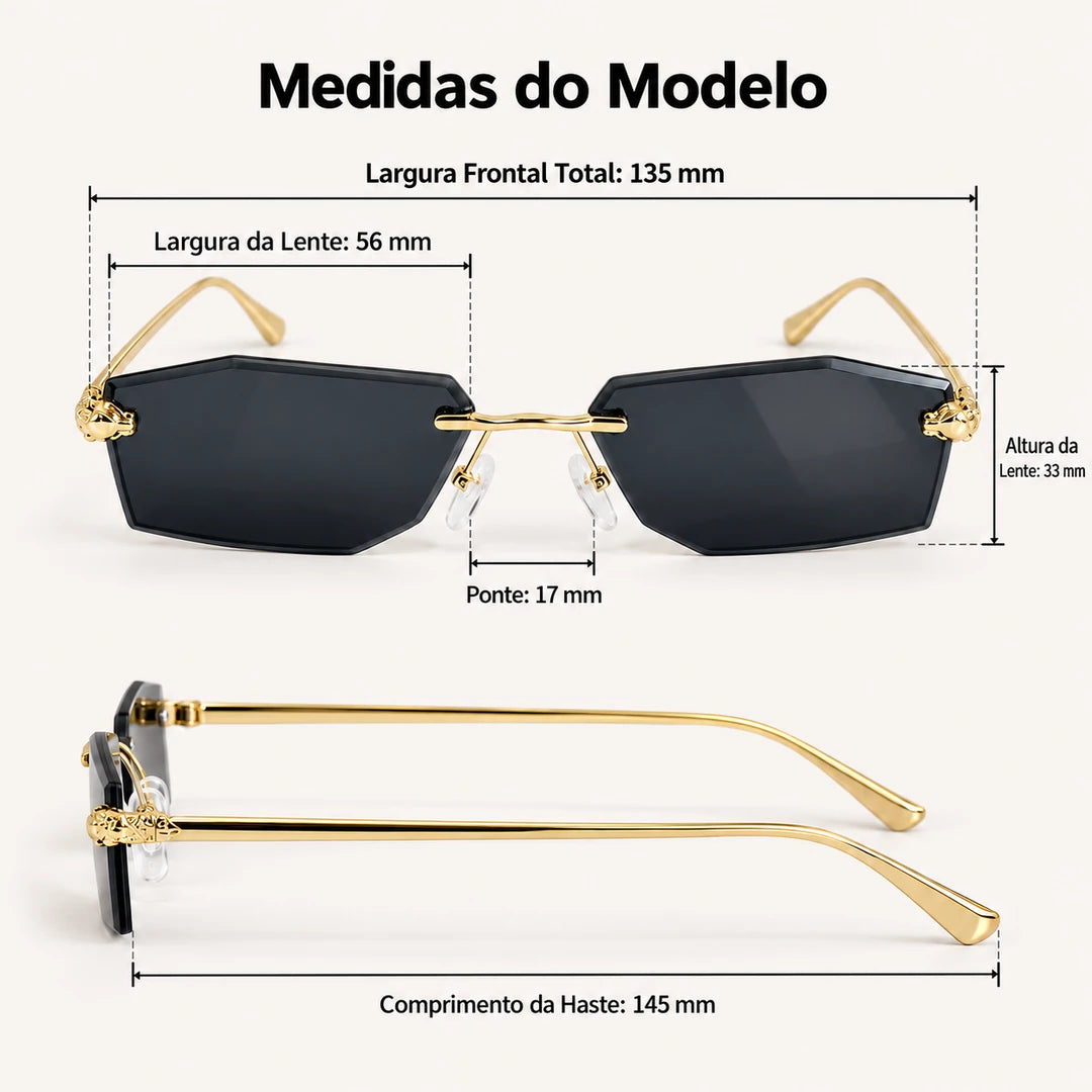 Medidas do Mionelle Aura: frente 135 mm, lentes 56 por 33 mm, ponte 17 mm e hastes 145 mm