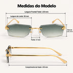 Medidas do Mionelle Aura: frente 135 mm, lentes 56 por 33 mm, ponte 17 mm e hastes 145 mm