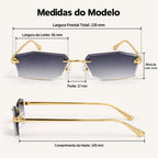 Medidas do Mionelle Aura: frente 135 mm, lentes 56 por 33 mm, ponte 17 mm e hastes 145 mm