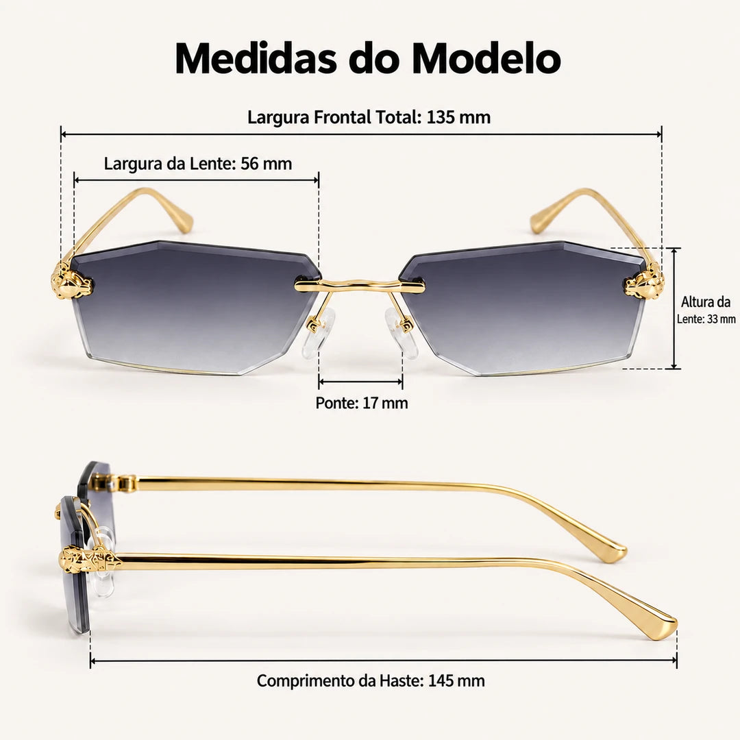 Medidas do Mionelle Aura: frente 135 mm, lentes 56 por 33 mm, ponte 17 mm e hastes 145 mm