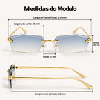 Medidas do Mionelle Aura: frente 135 mm, lentes 56 por 33 mm, ponte 17 mm e hastes 145 mm