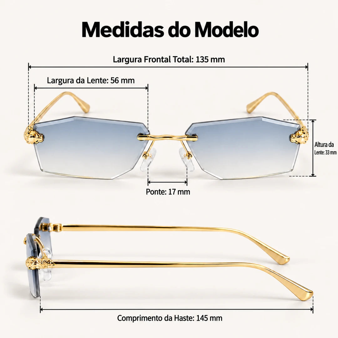 Medidas do Mionelle Aura: frente 135 mm, lentes 56 por 33 mm, ponte 17 mm e hastes 145 mm