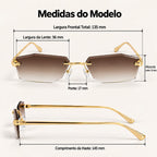 Medidas do Mionelle Aura: frente 135 mm, lentes 56 por 33 mm, ponte 17 mm e hastes 145 mm