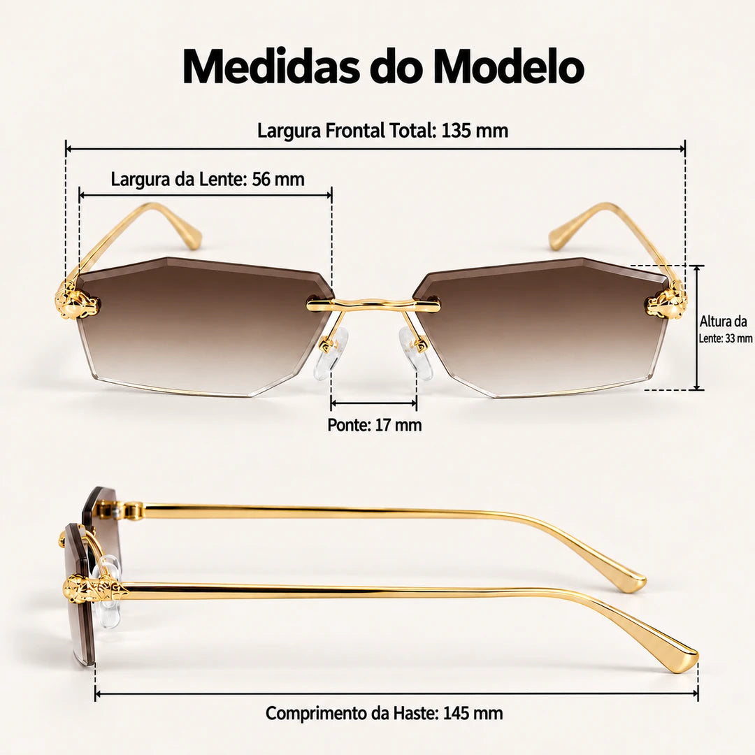 Medidas do Mionelle Aura: frente 135 mm, lentes 56 por 33 mm, ponte 17 mm e hastes 145 mm