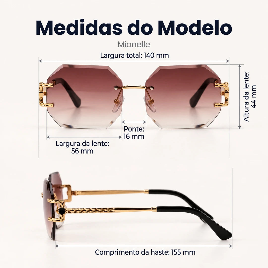 Medidas do Mionelle Facet: frente 140 mm, lentes 56 por 44 mm, ponte 16 mm e hastes 155 mm