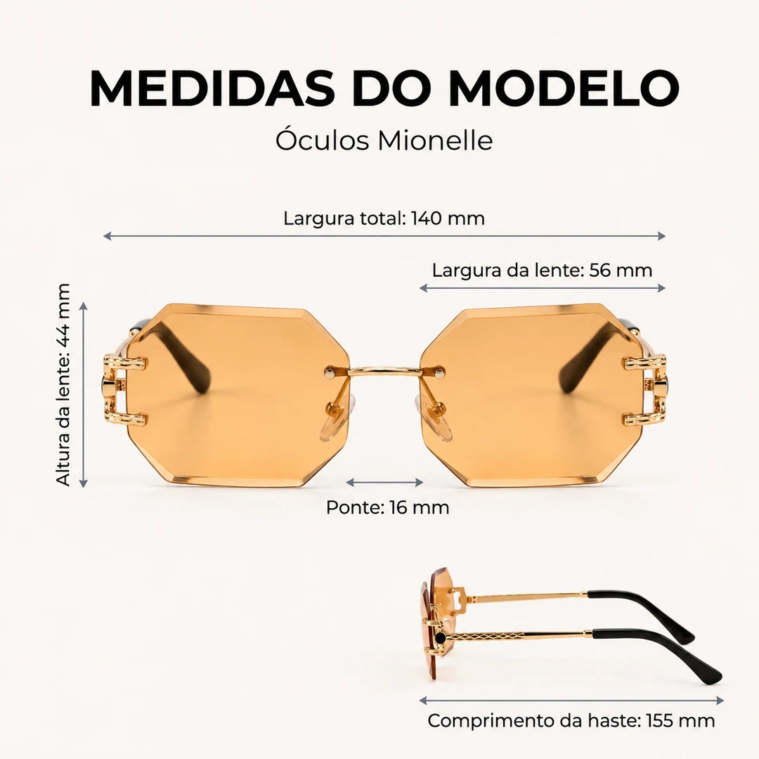 Medidas do Mionelle Facet: frente 140 mm, lentes 56 por 44 mm, ponte 16 mm e hastes 155 mm