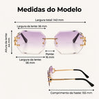 Medidas do Mionelle Facet Purple: frente 140 mm, lentes 56 por 44 mm, ponte 16 mm e hastes 155 mm